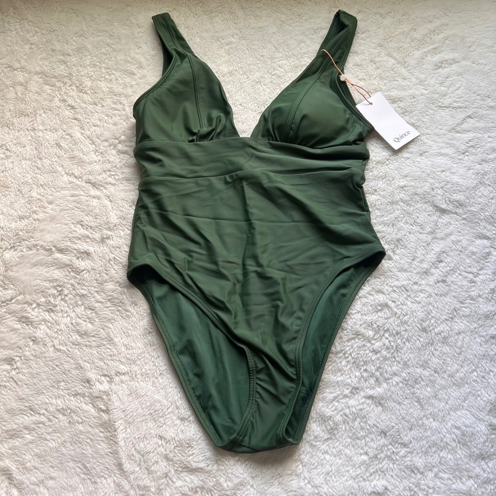 Quince Women Olive Green Ruched V-Neck Recycled One Piece Swimsuit Size S New